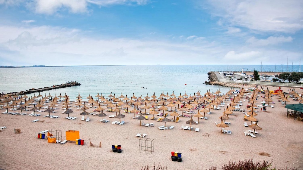 View of the beach with chairs and umbrellas in Bucharest