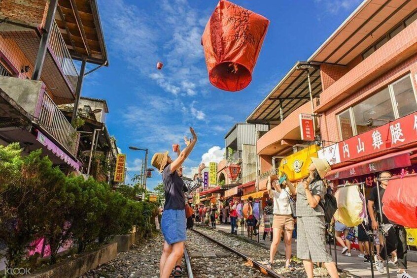 Sky lanterns on Shifen Old Street