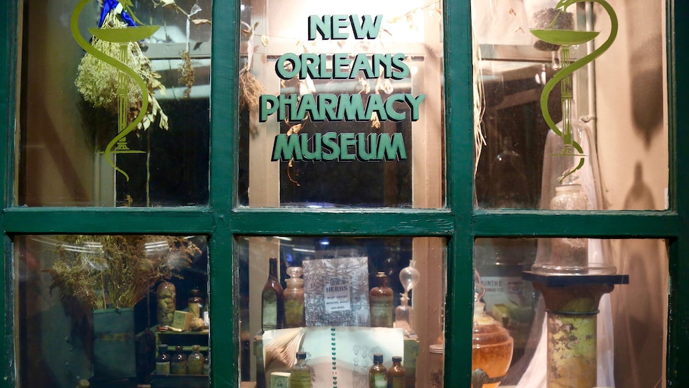 View into Pharmacy Museum through window in New Orleans