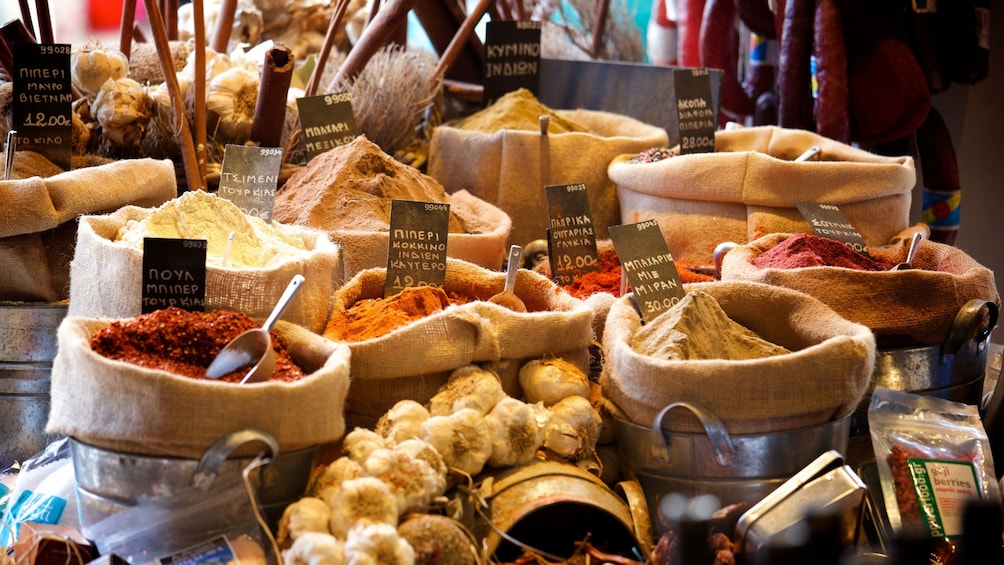 Buckets of spices on Athens food tour