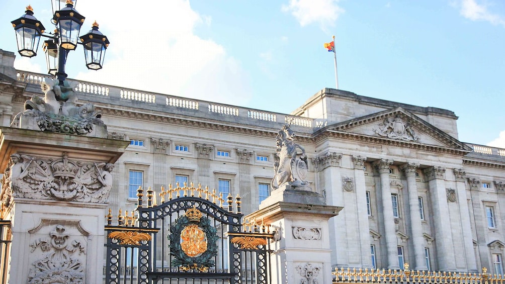 View of Buckingham Palace from outside the gate