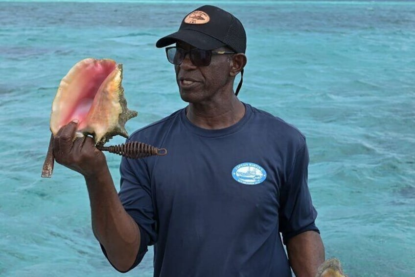 "Conch" - Captain explaining how to get the meat out of the conch shell. 