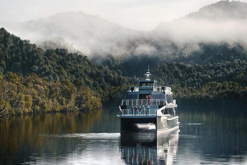 Spirit of the Wild cruises quietly on the Gordon River, with her electric motors