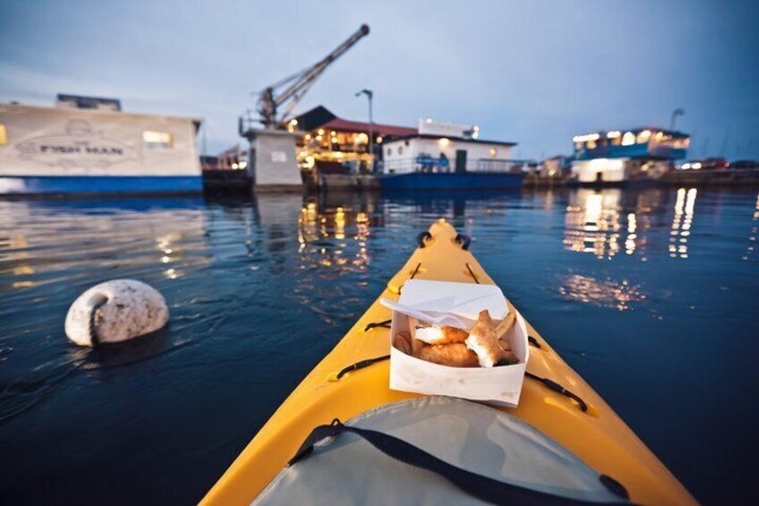 Fish and chips delivered to your kayak on the Hobart Waterfront