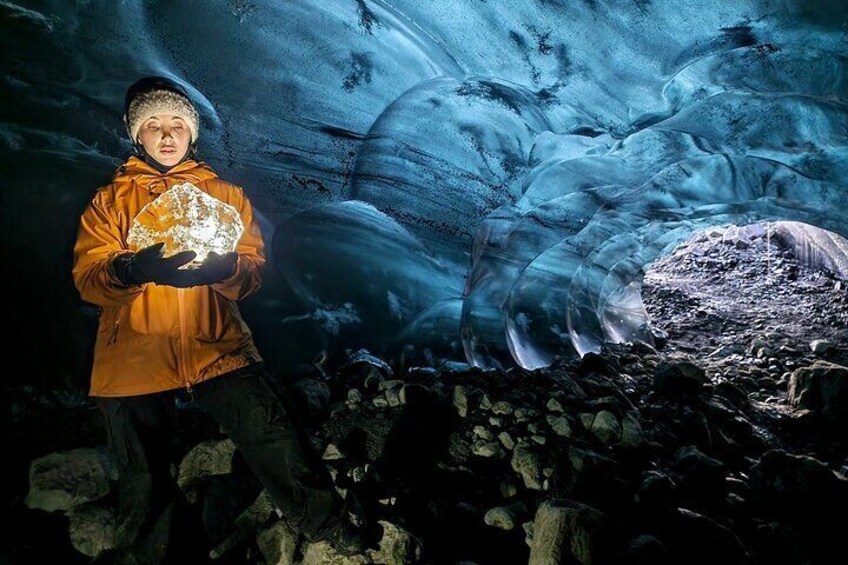 Ice Cave and Glacier walk into blue glacier canyon 