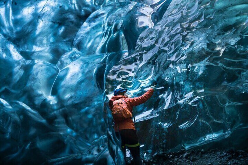 Ice Cave and Glacier walk into blue glacier canyon 