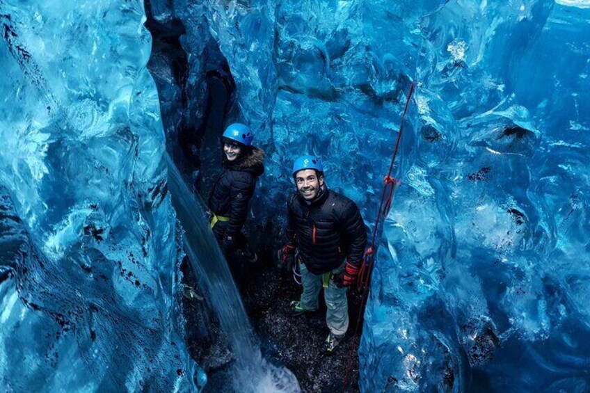 Ice Cave and Glacier walk into blue glacier canyon 