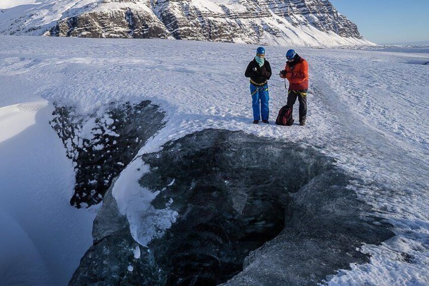 Ice Cave and Glacier walk into blue glacier canyon 