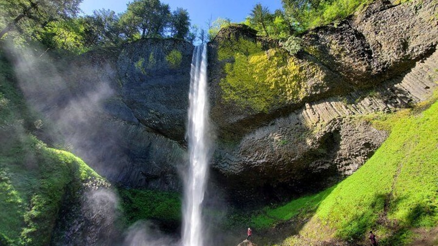 An inspired guest soaking in the mist of magnificent Latourell Falls!