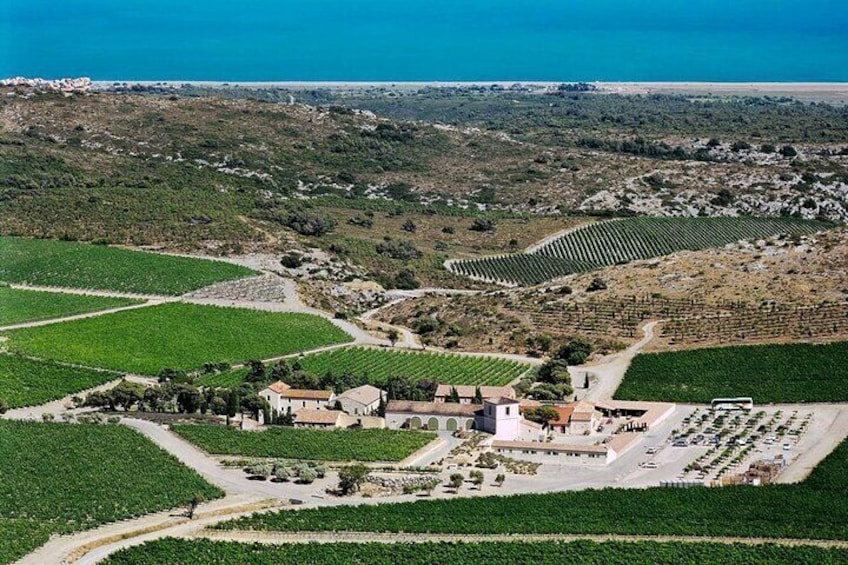 organic and biodynamic vineyards chateau l'hospitalet la clape south of france Gérard Bertrand seen from the sky