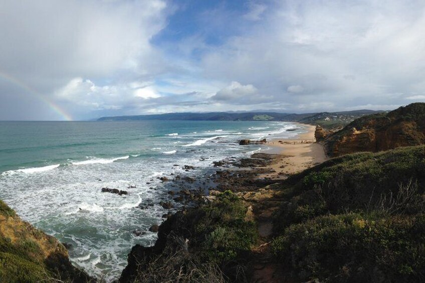 The basalt rocks lining the coastline are part of a vast volcanic plain.