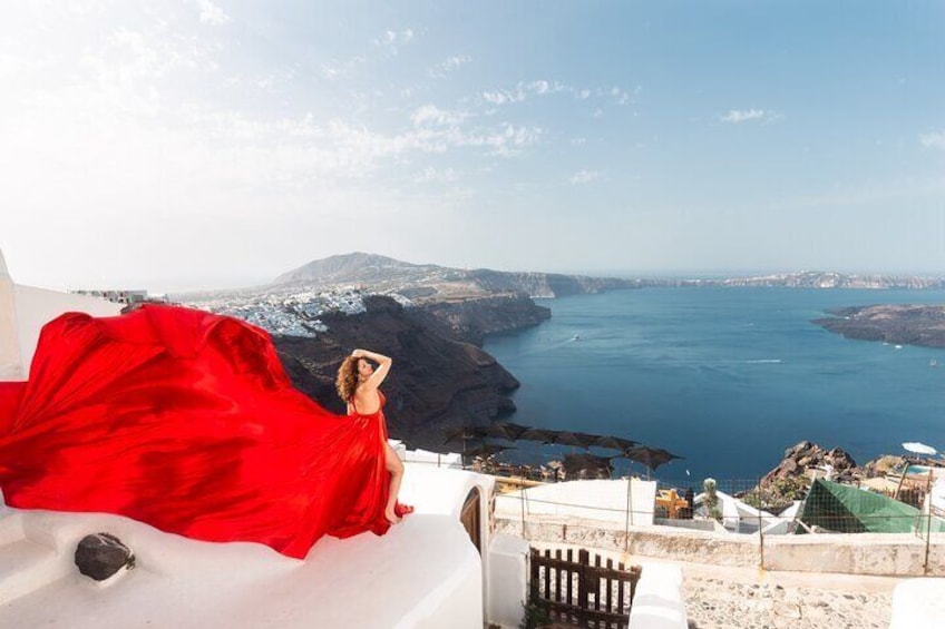 Flying Dress Photoshoot in Santorini with Hotel Pickup