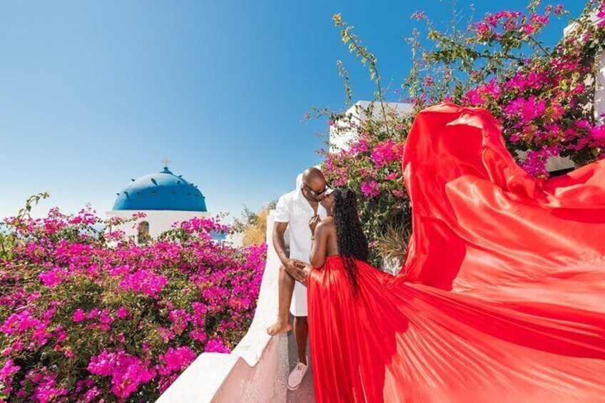 Flying Dress Photoshoot in Santorini with Hotel Pickup