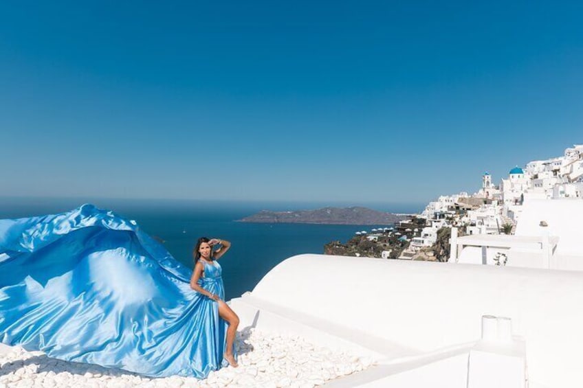 Flying Dress Photoshoot in Santorini with Hotel Pickup