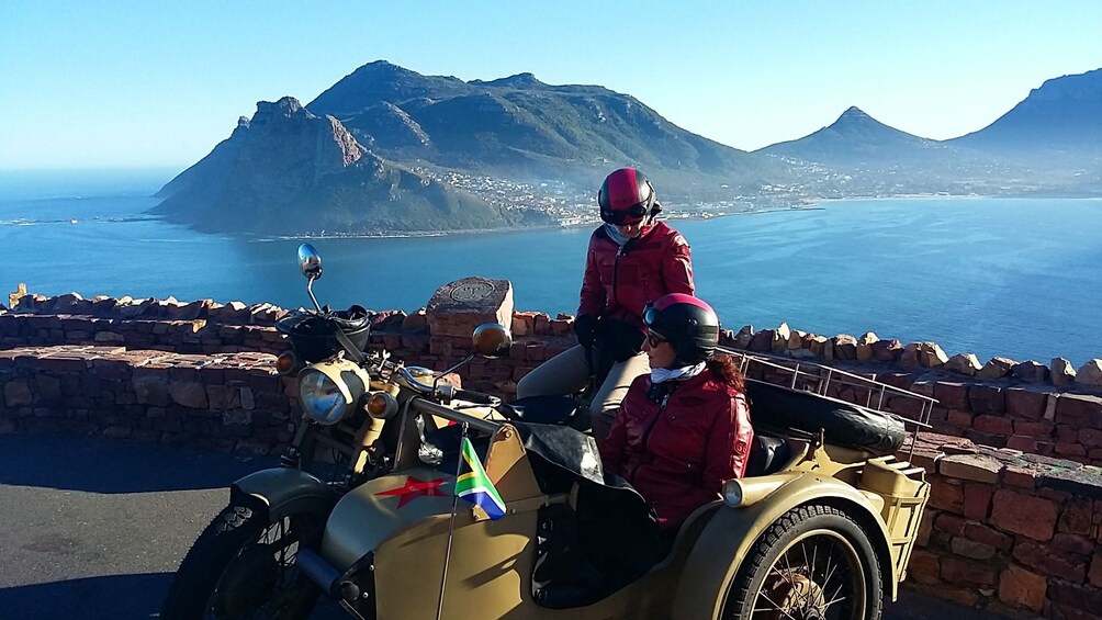 Motorcycle and side car on the coast of Cape Town