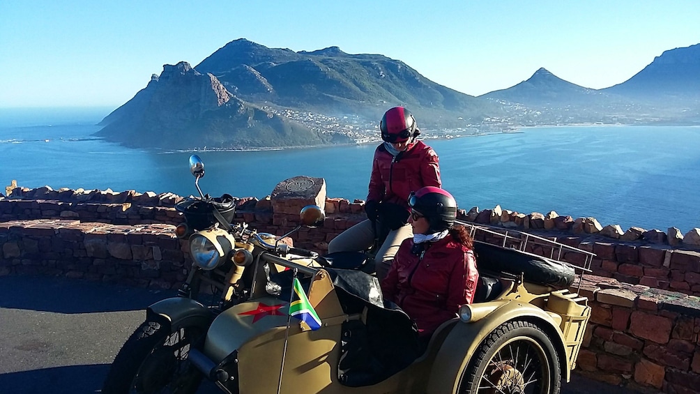 Motorcycle and side car on the coast of Cape Town