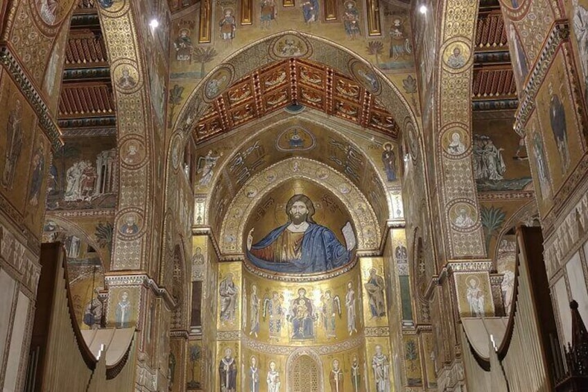 The famous mosaic of Jesus inside the Cathedral of Monreale