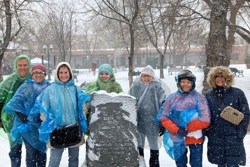 Great group this morning during a snowstorm in front of the Santa Fe Trail marker in the plaza. Arriving in 1822, the Santa Fe Trail was the second route to make it's way to the capital city. 