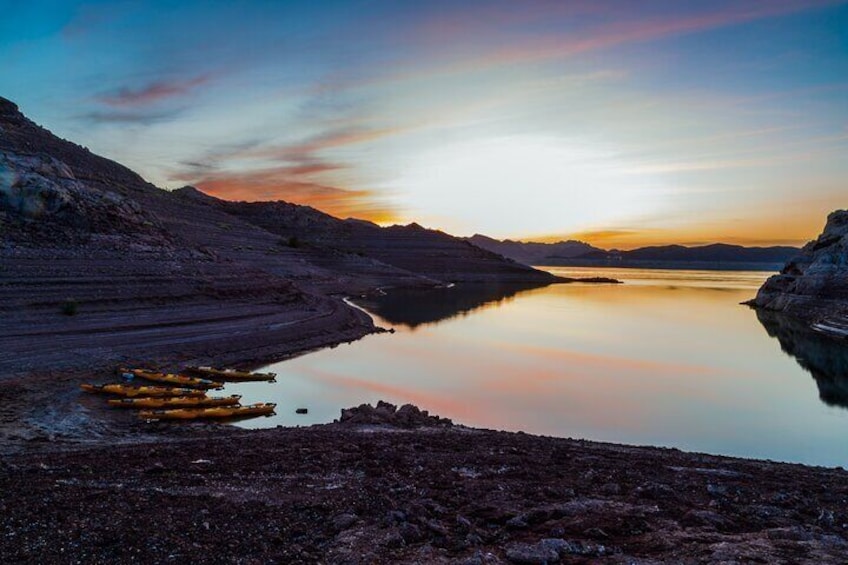 Sunset view of the Boulder Islands and Lake Mead.