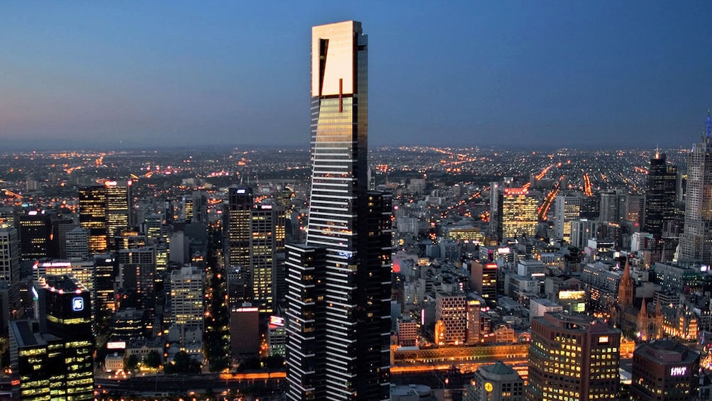 Eureka Tower rising over the city at night in Melbourne