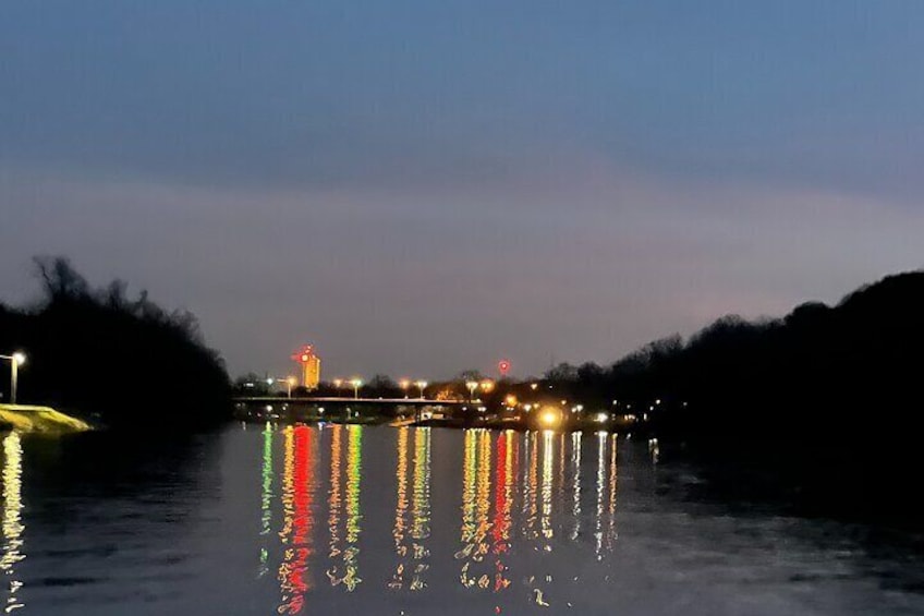 As the sun sets, the lights of downtown Waco are amazing from the River