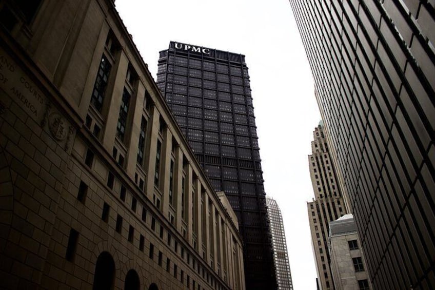 Downtown Pittsburgh, Looking up to UPMC building from the top of the bus.