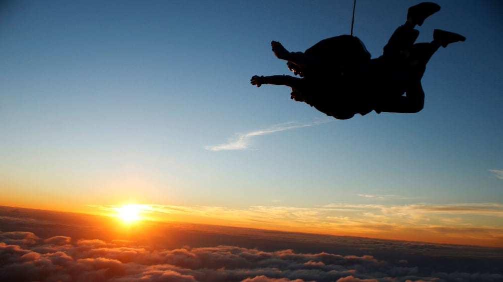 Show item 3 of 5. Tandem skydivers in mid flight at sunset in Atlanta