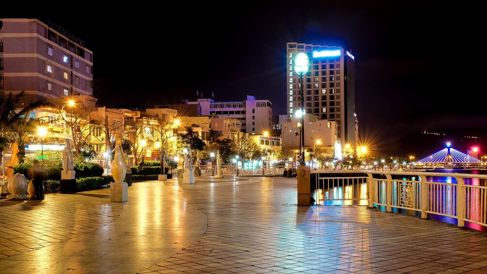 View of Da Nang from sidewalk at night