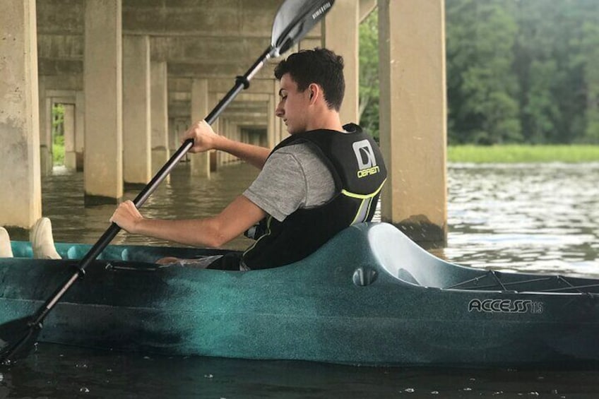 Kayaking under the Colonial Parkway Bridge to Jamestown Island