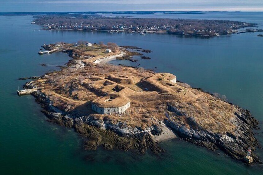 An overlooking view of private Fort Scammel just off the coast of Portland.