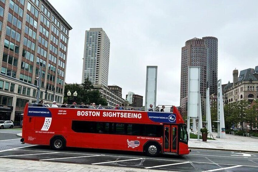 Boston Sightseeing bus is in front of holocaust memorial