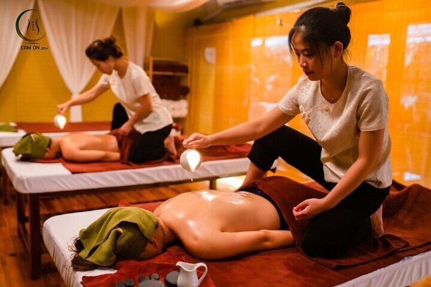 The Hue White Lotus Candle Massage, combined with Hot Stones and the Royal Herb of Cam On Spa