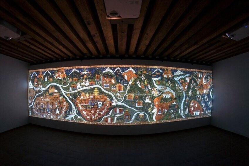 Patan museum display of 17th or early 18th century paubha painting depicts the trail from Patan to Kathmandu to Gosainkunda.