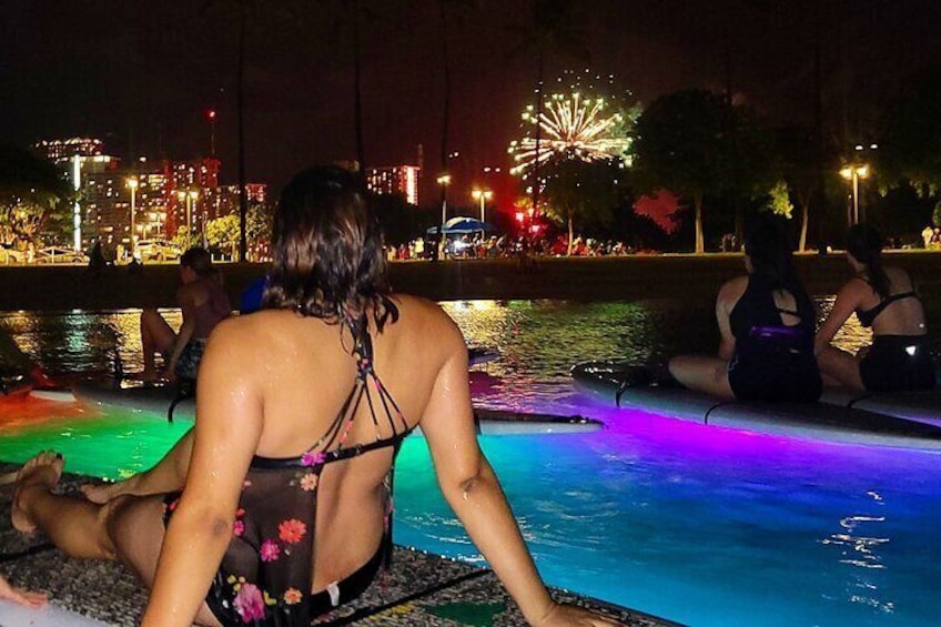 SUP Yoga at Night and Fireworks at Magic Island