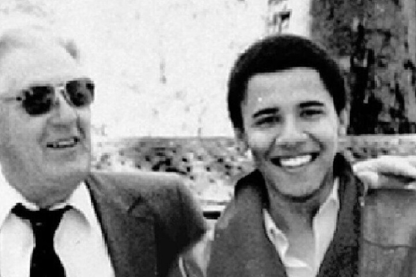 Barak Obama, 1982, with grandfather Stanley Dunham at Central Park.
