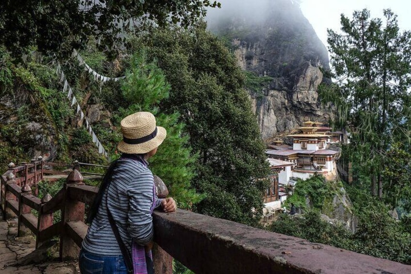 Traveler watching Tiger's Nest during Nepal Tibet and Bhutan Tour