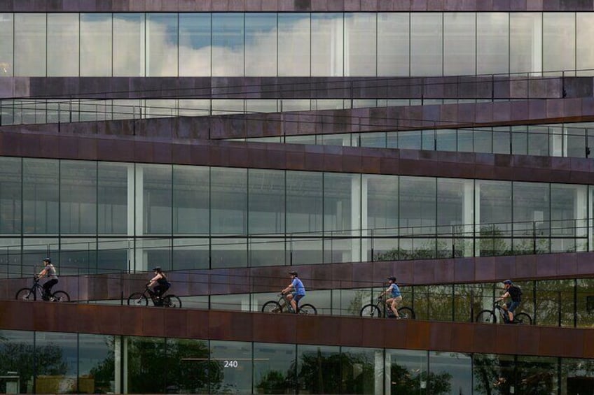 Ride up the world's first bikeable building - The Ledger - in downtown Bentonville.