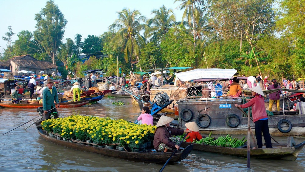 Vibrant view of the Cai Be Floating Market in Vietnam 