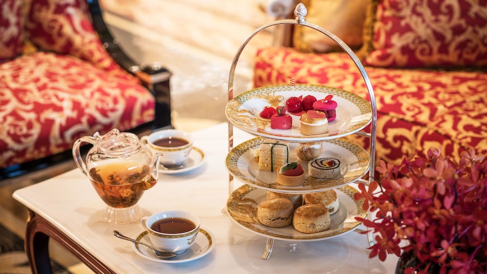 Tea and desserts served inside Palazzo Versace Hotel in Dubai