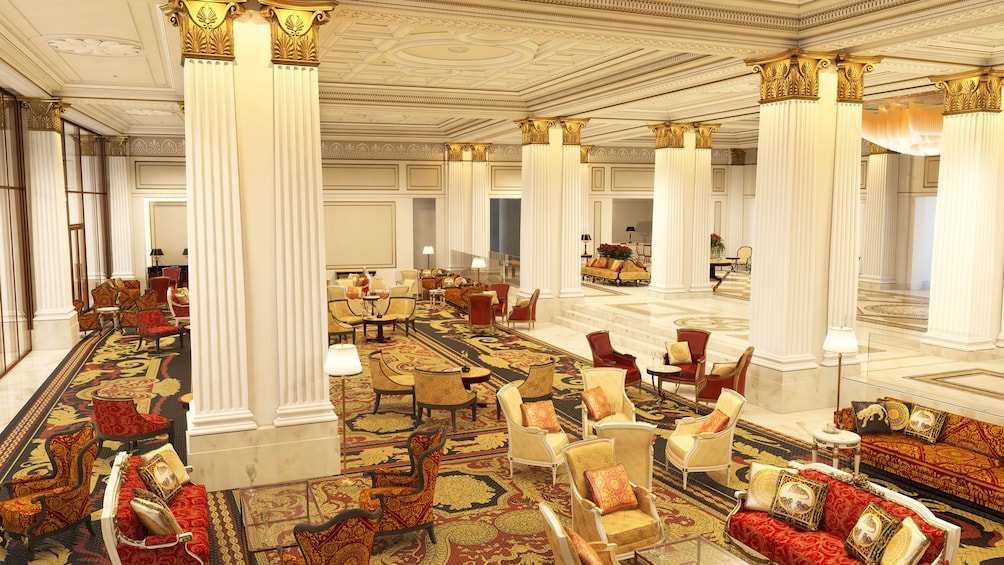 Lobby with interior seating in Palazzo Versace Hotel in Dubai