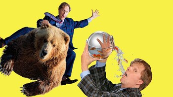 Show item 1 of 4. Poster for comedy show featuring a man riding a bear and drinking from a fish bowl
