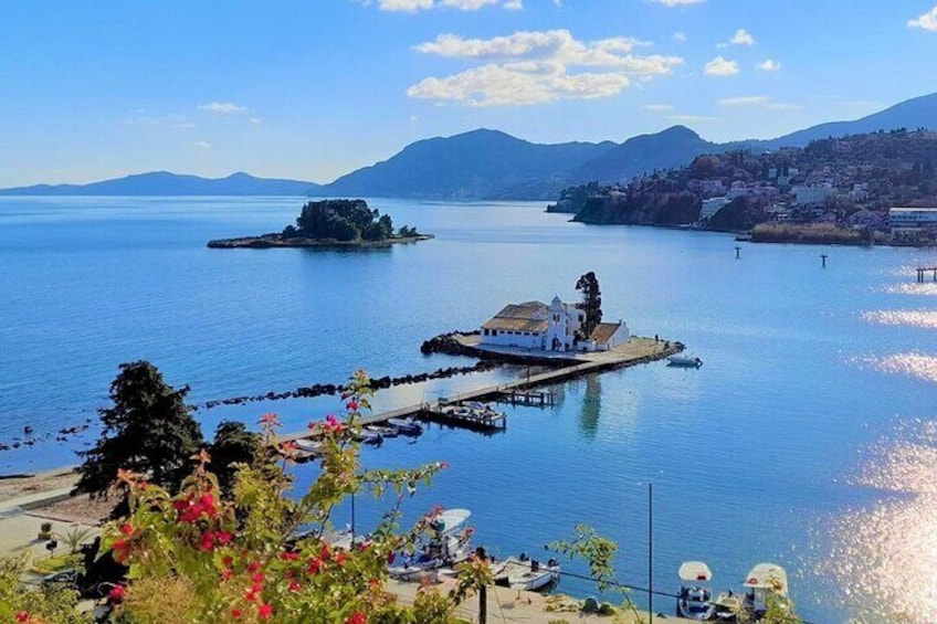 Vlacherna Monastery and Pontikonissi, as seen from Kanoni Peninsula during your private tour in Corfu