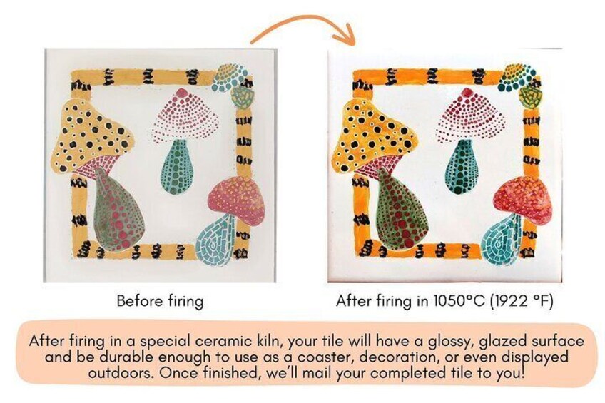 After firing in a special ceramic kiln, your tile will have a glossy, glazed surface and be durable enough to use as a coaster, decoration, or even displayed outdoors.