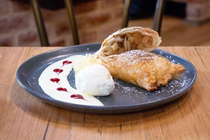 Apfel (Apple) Strudel with vanilla bean icecream, cream and strawberry. Permission for my Hahndorf Walking Tour Viator listing only