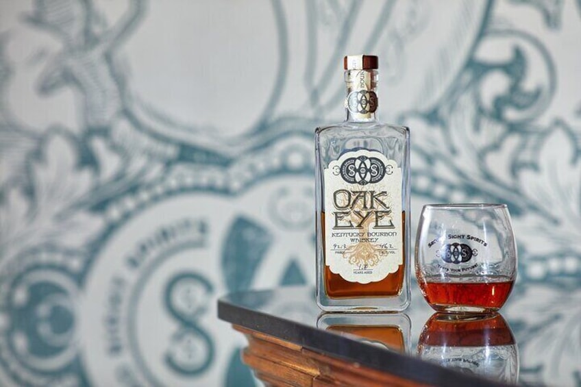 Our Oak Eye Kentucky Bourbon whose every drop is made on site. and every label is hand written