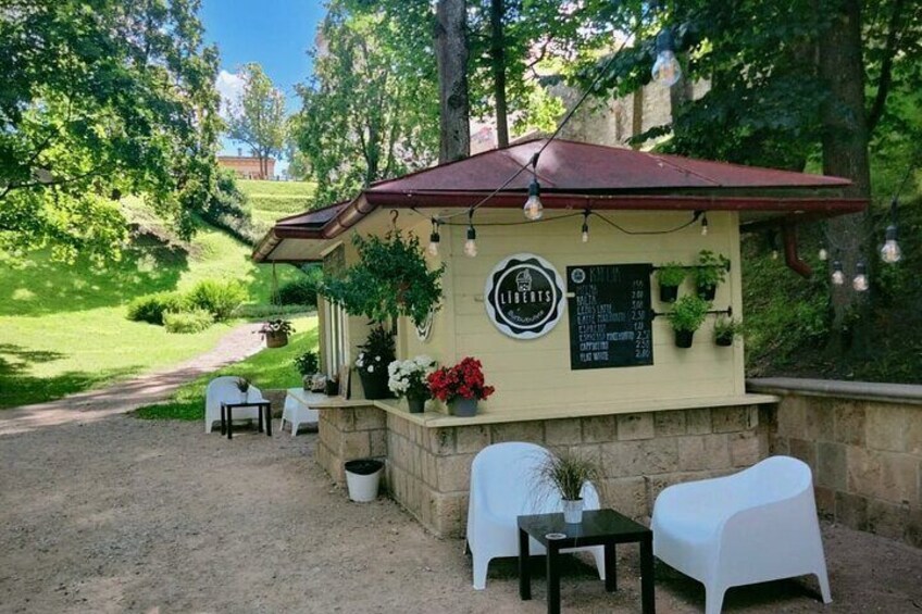 Outdoor cafe with chairs and tables