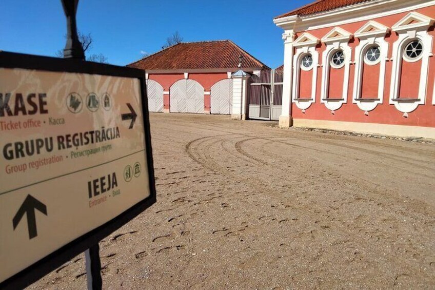 Rundale palace buildings and ticket office sign
