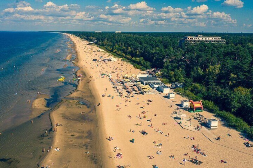 Jurmala Beach in summer full of people, drone photo
