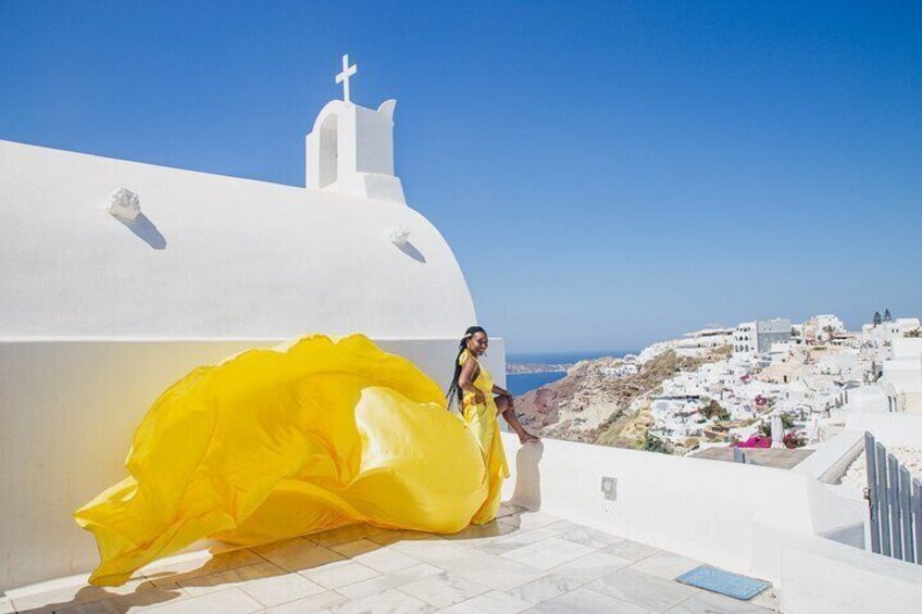 Oia Flying Dress Photoshoot Santorini