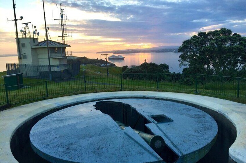 1880s disappearing canon on summit of volcanic cone Mt Victoria (Takarunga)